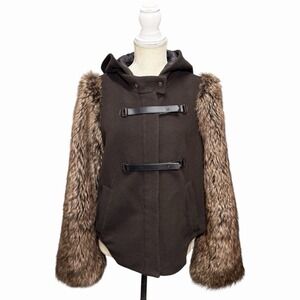 Anthropologie Leifsdottir Hooded Brown Coat Faux Fur Sleeves Jacket Size 10